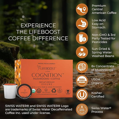 Lifeboost Cognition Decaf Mushroom Coffee Pods – Organic Low Acid Decaf K-Cups with Lion’s Mane & Chaga Adaptogens – Nootropic Coffee for Focus, Energy & Immune Support – 10 Count