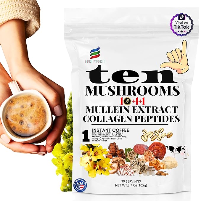 SUNDAFONE Mushroom Coffee with Grass-Fed Collagen, Mullein,Lion's Mane, Reishi and 10 Adaptogenic Mushrooms; Super Instant Cold Brew Protein Iced Coffee Blend; 0g of Sugar, Low Caffeine, 30 Servings
