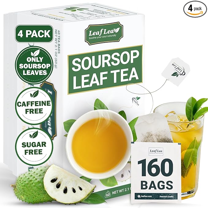 LeafLea 160 Premium Soursop Tea Bags, Natural & Pure Sour sop Graviola Tea Leave, Hoja Guanabana Leaf Herbal Tea Bags Variety Pack of 4, Digestive Support, Nutrient-Rich, Vegan, Sugar/Caffeine Free