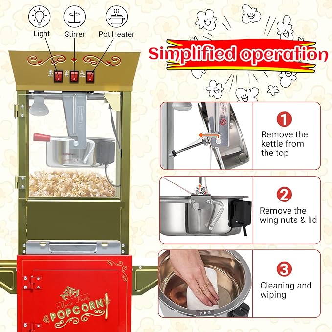Vintage Popcorn Machine with Cart, 12oz Popper Stainless-Steel Kettle & Warming Light, Makes Up to 60 Cups, Ideal for Family Gatherings, Movie Theaters & Amusement Parks, Red&Gold
