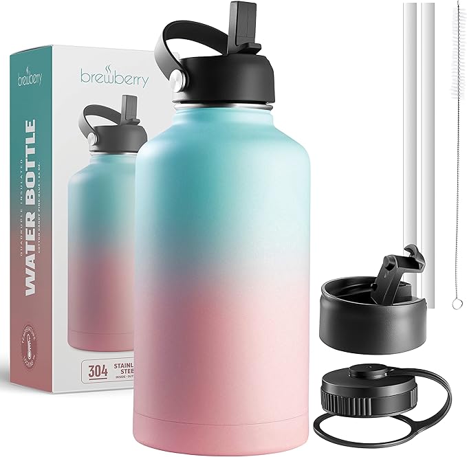 Stainless Steel Insulated Water Bottle and Travel Mug for Hot and Cold Beverages, Wide Mouth, Double Wall Insulated Hydration Sports Water Bottle for Hiking, Biking, Outdoor, 64 OZ BPA Free