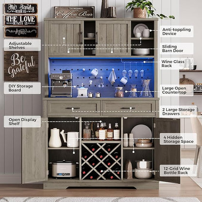 72" Coffee Bar Cabinet with Power Outlet & LED Light, Farmhouse Large Kitchen Hutch with Sliding Barn Door, Tall Bar Cabinets with Storage Drawers & Wine Glass Rack,Pantry China Cabinet for Home,Grey