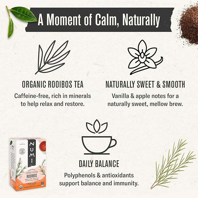 Numi Organic Rooibos Tea, 18 Herbal Tea Bags, Microplastic Free, Packed with Antioxidants, Great for Evening Relaxation