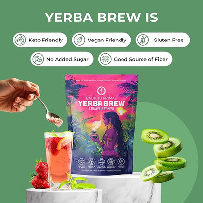 Yerba Mate Instant Tea Powder - Strawberry Kiwi, 4-in-1 Functional Blend, Supports Energy, Focus and Gut Health - Nootropic, Prebiotic & Probiotic Mix with Vitamin B3, B6 & B12 | 30 Servings