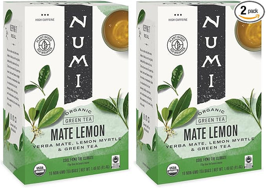 Numi Organic Tea Mate Lemon, 18 Count (Pack of 2) Box of Tea Bags, Yerba Mate Green Tea Blend (Packaging May Vary)