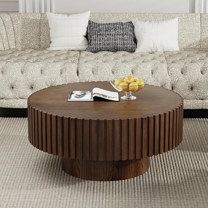 Artisan-Crafted Round Fluted Coffee Table - Solid Wood Drum Base with Detailing, Handmade Circular Centerpiece for Living Room, Rustic Modern Home Decor (D Walnut 31in)