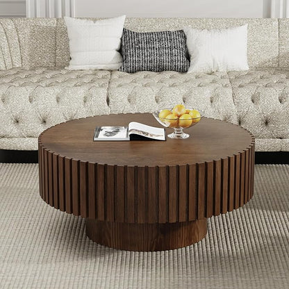 Artisan-Crafted Round Fluted Coffee Table - Solid Wood Drum Base with Detailing, Handmade Circular Centerpiece for Living Room, Rustic Modern Home Decor (D Walnut 31in)