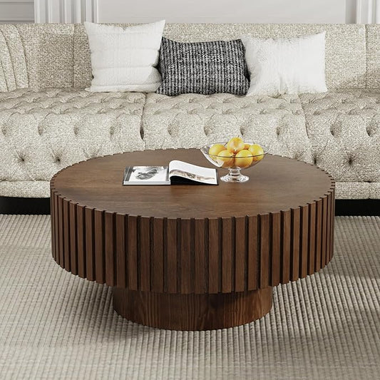 Artisan-Crafted Round Fluted Coffee Table - Solid Wood Drum Base with Detailing, Handmade Circular Centerpiece for Living Room, Rustic Modern Home Decor (D Walnut 31in)