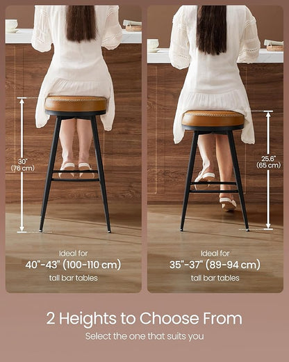 VASAGLE EKHO Collection - Swivel Bar Stools Set of 2, Bar Height Backless Bar Stools, Synthetic Leather with Stitching, Mid-Century Modern, 30-Inch Tall Kitchen Barstools for Home Bar, Caramel Brown
