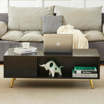 COSVALVE 41.3IN LED Black Coffee Tables for Living Room with 16 Colors LED Lights, Modern Minimalist Coffee Table with Fluted Panel, Rectangle Center Table Game Table