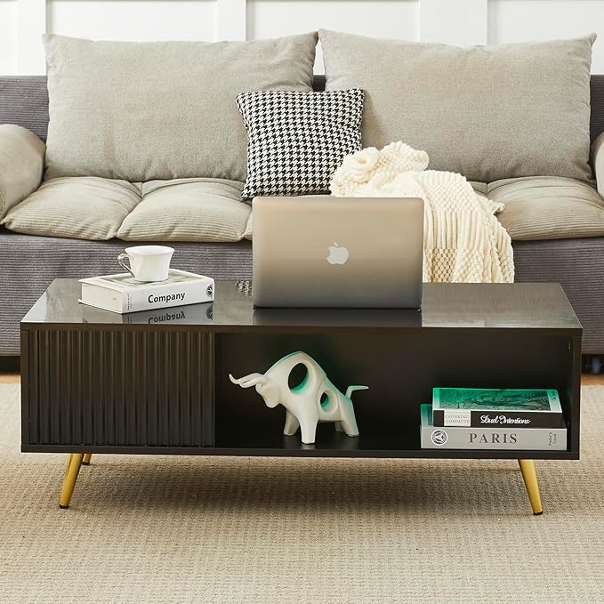 COSVALVE 41.3IN LED Black Coffee Tables for Living Room with 16 Colors LED Lights, Modern Minimalist Coffee Table with Fluted Panel, Rectangle Center Table Game Table