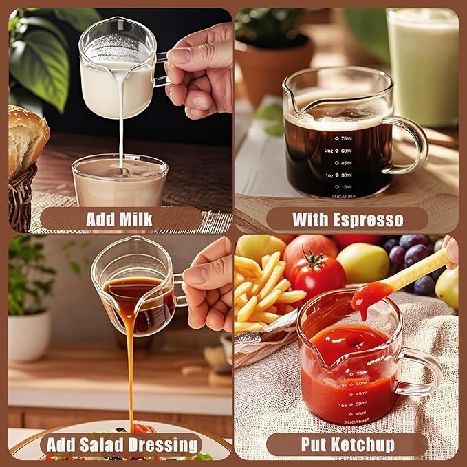 Espresso Cups Set of 2, 75ML Espresso Shot Glass with Handle Double Spout Cups Clear Glass Measuring Cup Coffee Accessories Great for Making Coffee Desserts Salad Dressing