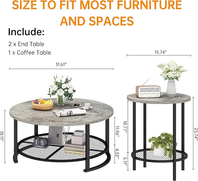 DKLGG Living Room Coffee and End Table Sets, Wooden Modern Rustic Center Table with Two Side Tables, 3 Piece Living Room Coffee Table Set with Storage for Living Room, Apartment (Grey)