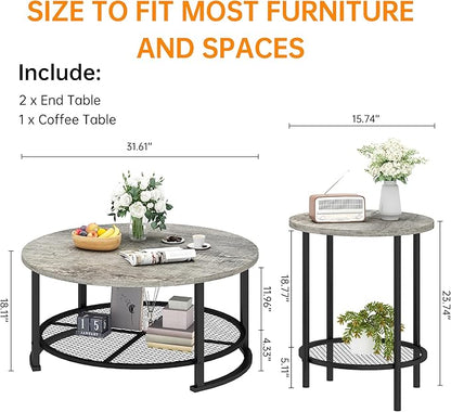 DKLGG Living Room Coffee and End Table Sets, Wooden Modern Rustic Center Table with Two Side Tables, 3 Piece Living Room Coffee Table Set with Storage for Living Room, Apartment (Grey)