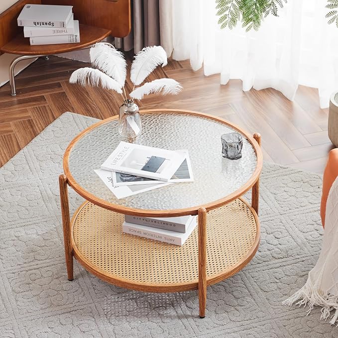 VINGLI 30" Rattan Coffee Table, Round Water-Wave Glass Metal Center Table, Modern Coffee Table with 2-Tier Storage, Farmhouse Circular Coffee Tables for Living Room and Small Space, Natural Vibe