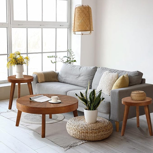 Farmhouse Round Coffee Table Set of 3, Boho Sofa Side Nesting Tables End Table Set with Wood Natural Finish for Living Room, Bedroom, Home Office,Brown