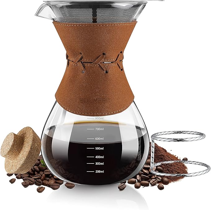 Pour Over Coffee Maker with Double-Layer Stainless Steel Filter - 27 oz Pour Over Coffee Dripper with Leather Collar, Heat Resistant 5 Cups Glass Coffee Carafe with Cork Lid for Hand Brewing Lovers