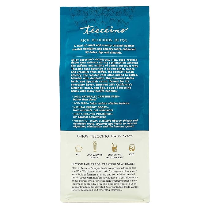 Teeccino Dandelion Caramel Nut Herbal Coffee - Caffeine-Free Coffee Alternative with Prebiotics, Gluten Free, Acid Free - Medium Roast, 10 oz