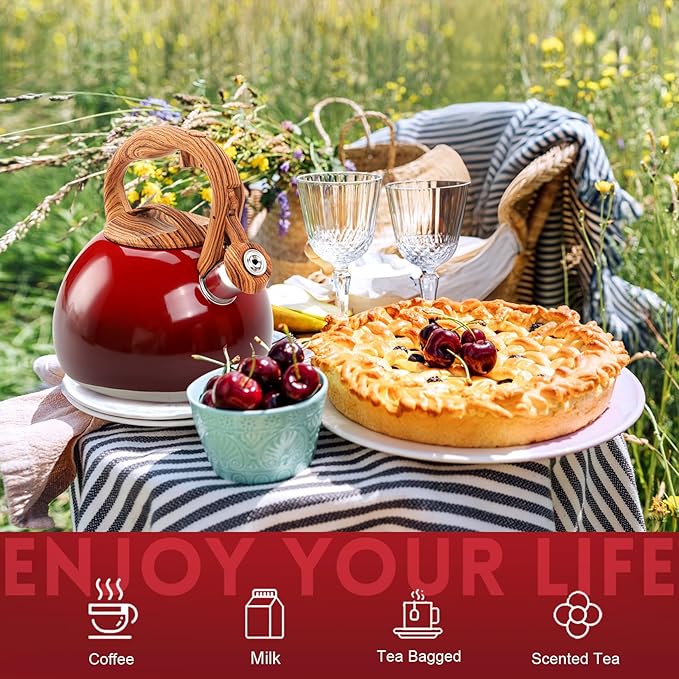 GGC Tea Kettle for Stove Top, 3.1QT/3L Whistling Tea Kettles for Boiling Water Coffee or Milk, Gradient Red Pot with Wood Parttern Handle, Stainless Steel Kettle Pot for Home and Kitchen