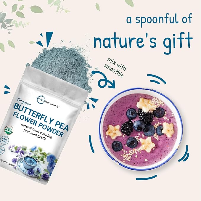 Micro Ingredients Organic Butterfly Pea Flower Powder, 8 oz | Herbal Tea Powder for Hot or Iced Drinks | Natural Blue & Purple Color | Rich in Antioxidants | Caffeine-Free, Non-GMO, No Sugar