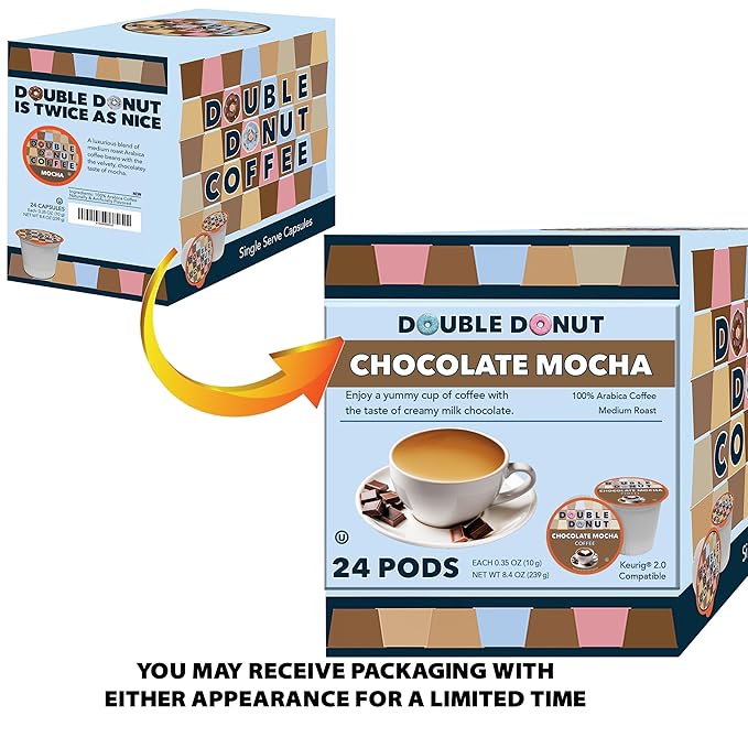 Double Donut Coffee Chocolate Mocha Coffee Pods, Single Serve Mocha for Keurig K Cup Brewers, Rich, Creamy Pods for Chocolate Lovers, 24 Count