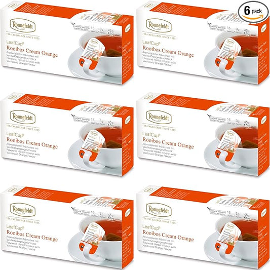 Ronnefeldt LeafCup Rooibos Cream Orange Chai – Naturally Caffeine-Free Red Herbal Tea with Orange Peel & Vanilla – Set of 6 Boxes – 90 Individually Wrapped Loose Leaf Tea Bags – Packed in Germany