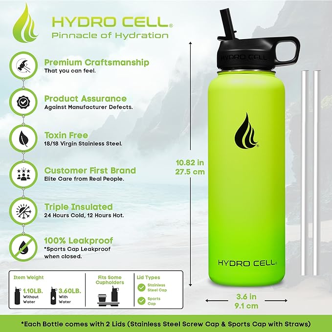 HYDRO CELL Stainless Steel Insulated Water Bottle with Straw - For Cold & Hot Drinks - Metal Vacuum Flask with Screw Cap and Modern Leakproof Sport Thermos for Adults (Neon 40oz)