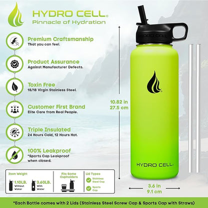 HYDRO CELL Stainless Steel Insulated Water Bottle with Straw - For Cold & Hot Drinks - Metal Vacuum Flask with Screw Cap and Modern Leakproof Sport Thermos for Adults (Neon 40oz)