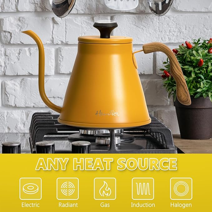 Harriet Gooseneck Kettle with Thermometer for Pour Over Coffee and Tea, 37 fl oz, Stainless Steel, Durable 3-Layer Base, Ideal Spout for Precision Pouring, Compatible with all Stove Tops, Yellow