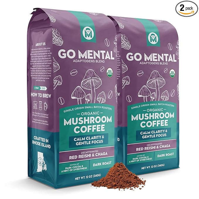 Organic Mushroom Decaffeinated Coffee Dark Roast, Swiss Water Water Process, Red Reishi & Chaga, Decaf for Calm and Relaxed Focus, Grade 1 Single Origin Peruvian 12oz - Ground (2 Pack)