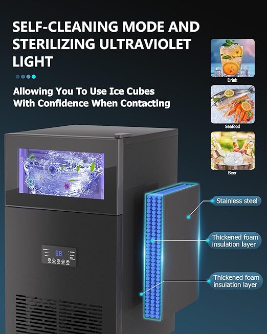 Commercial Ice Maker Machine 𝟏𝟕𝟎 𝐋𝐛𝐬/𝐃𝐚𝐲, Undercounter Ice Makers 40Lbs Storage Bin and 63 Ice Trays, Outdoor Ice Maker Brushed Metal with Water Line, Ice Scoop, for Home, Bar, Party