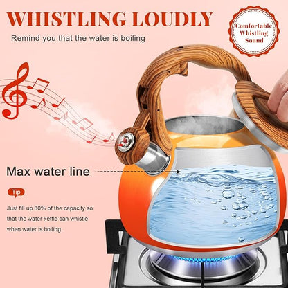 GGC Tea Kettle for Stove Top, 3.1QT/3L Whistling Tea Kettles for Boiling Water, Coffee or Milk, Red Sunset Tea Pot with Wood Pattern Handle, Stainless Steel Tea Pot for Home and Kitchen