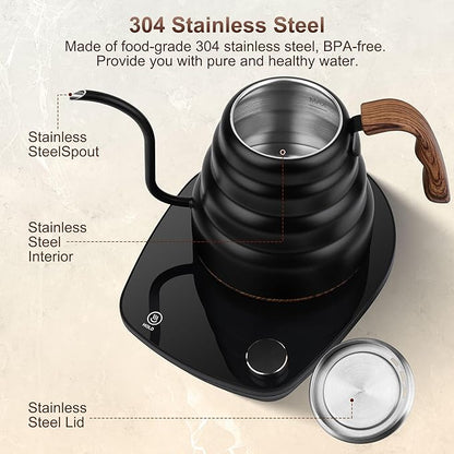 Electric Gooseneck Kettle, 30oz 0.9L Water Electric Kettle with Intelligent Temperature Control Quick Heating 304 Stainless Steel for Coffee Tea Boil Hot Water 1000W(Black)