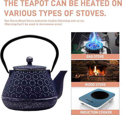 20.3oz Small Cast Iron Teapot, SECHUDO Cast Iron Tea Kettle for Stovetop Safe Coated with Enameled Interior, Cast Iron Tea Pot with Stainless Steel Infuser for Loose Tea (Blue Gerbera Pattern)