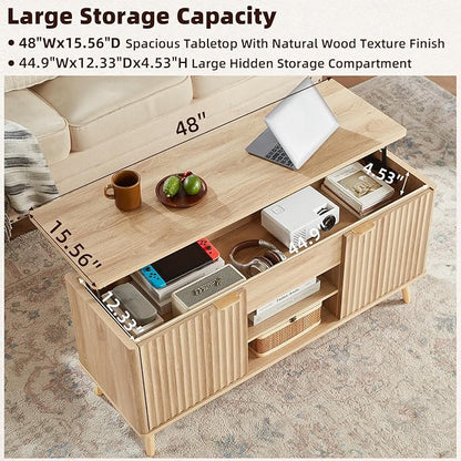 LEYAOYAO 48" Fluted Lift Top Coffee Table with Hidden Storage & Adjustable Shelves, Lifting Tabletop Large Rectangular Coffee Tables, Mid Century Modern Wood Center Table for Living Room, Natural