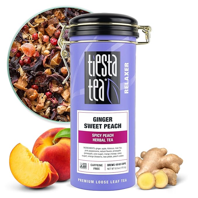 Tiesta Tea - Ginger Sweet Peach, Loose Leaf, Spicy Peach Herbal Tea, Tranquility Non-Caffeinated Blend, Bulk Hibiscus Leaves with Cane Sugar, Brews Up to 50 Cups, 6 Ounce Refillable Tin