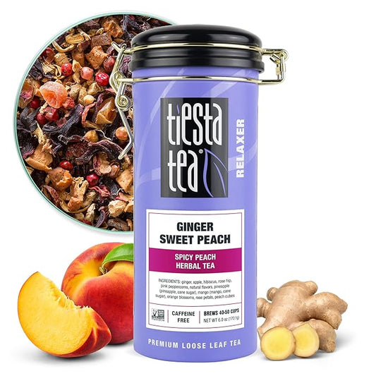 Tiesta Tea - Ginger Sweet Peach, Loose Leaf, Spicy Peach Herbal Tea, Tranquility Non-Caffeinated Blend, Bulk Hibiscus Leaves with Cane Sugar, Brews Up to 50 Cups, 6 Ounce Refillable Tin