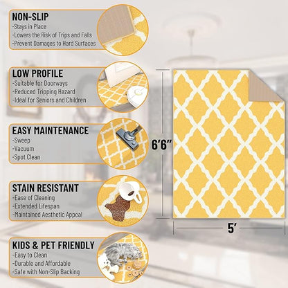 Ottomanson 5' x 6'6" Rugs for Living Room Trellis Area Rug for Bedroom - Non Slip Durable Large Floor Carpet for High Traffic Areas - Indoor Rug for Dining Room Kitchen Kids Playroom, Yellow