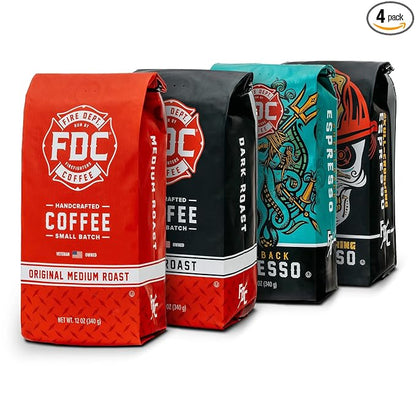 Fire Department Coffee - Gives Back to Firefighters - Rescue Variety Pack - Ground Coffee - Medium, Dark, Shellback Espresso, & Skull Crushing Espresso - Veteran Owned (12 oz, Pack of 4)