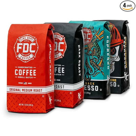Fire Department Coffee - Gives Back to Firefighters - Rescue Variety Pack - Ground Coffee - Medium, Dark, Shellback Espresso, & Skull Crushing Espresso - Veteran Owned (12 oz, Pack of 4)