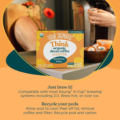 Four Sigmatic Decaf Mushroom Coffee K-Cups | Organic Dark Roast Coffee with Lion’s Mane & Yacon | Focus & Immune Support | Vegan & Keto | Sustainable Pods | 24 Count