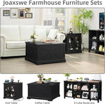 Load image into Gallery viewer, Farmhouse Coffee Table with Large Hidden Storage Compartment, Rustic Black Square Center Table, Wood Low Farm House Modern Living Room Tables with Hinged Lift Top &amp; Wooden Arc Base