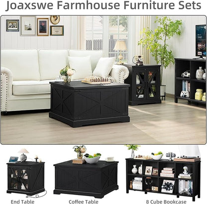 Farmhouse Coffee Table with Large Hidden Storage Compartment, Rustic Black Square Center Table, Wood Low Farm House Modern Living Room Tables with Hinged Lift Top & Wooden Arc Base