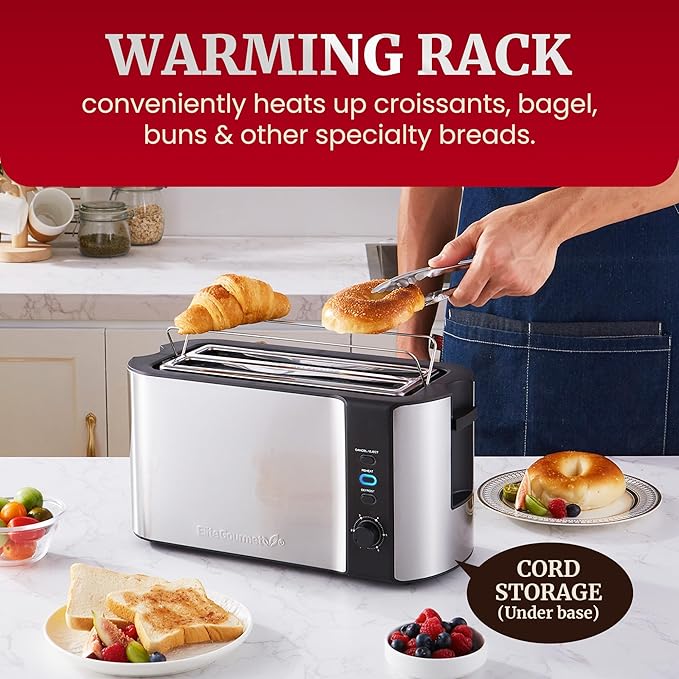 Elite Gourmet ECT-3100 Long Slot 4 Slice Toaster, Reheat, 6 Toast Settings, Defrost, Cancel Functions, Built-in Warming Rack, Extra Wide Slots for Bagels & Waffles, Stainless Steel & Black
