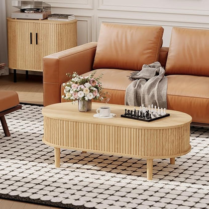 BREEZEHEAT Fluted Lift Top Coffee Table, 39" Oval Coffee Table with Storage, Hidden Compartment & Fully Assembled Centre Table Oval Lift Tabletop for Living Room, Small Space, Home Office, Natural