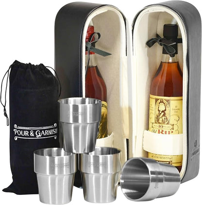 POUR & GARNISH Bourbon Whiskey & Wine Double Bottle Travel Bag with 4 Stainless Steel Double-Walled Vacuum Insulated Glasses - Makes a Great Gift!