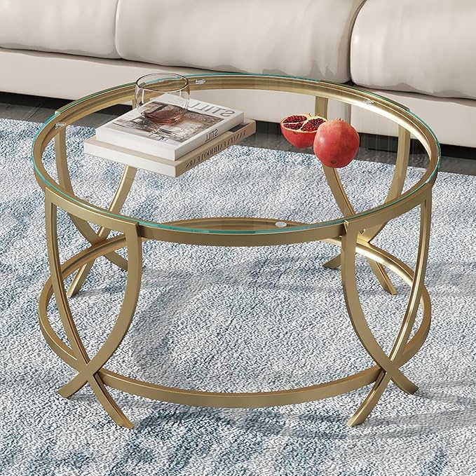 ASYA Round Coffee Table for Living Room, Gold Coffee Table with Tempered Glass & Metal Frame, Modern Glass Living Table for Home&Office