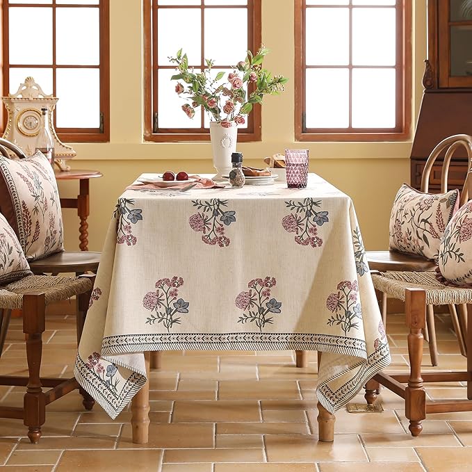 Designer Linen Light Beige Rectangular Tablecloth,French Colorful Floral Table Cloth,Stain Resistant Decor Tablecloths for Dining Thanksgiving Christmas Kitchen,55"*79"-Helena E