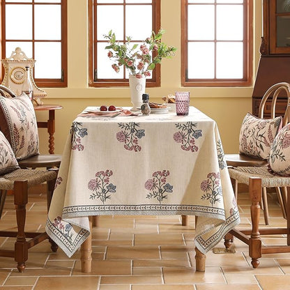 Designer Linen Light Beige Rectangular Tablecloth,French Colorful Floral Table Cloth,Stain Resistant Decor Tablecloths for Dining Thanksgiving Christmas Kitchen,55"*79"-Helena E