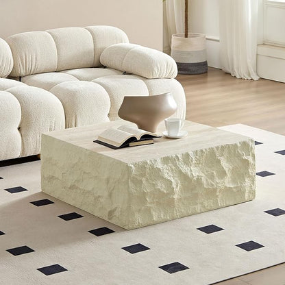 Faux Rock Coffee Table,Drum Coffee Table Fiberglass Square Tea Table for Living Room, Accent Imitation Stone Central Table No Need Assembly, Beige White